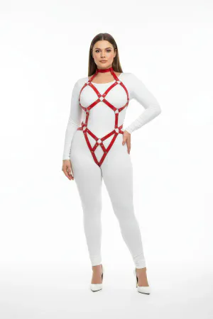 Red Faux Leather Full Body Harness Women Adjustable Straps O-Ring Chain Choker
