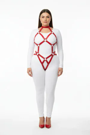 Red Faux Leather Full Body Harness Women Adjustable Straps O-Ring Chain Choker