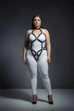 Black adjustable O-ring body harness with choker and intersecting straps