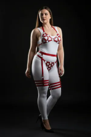 Red Vegan Leather O-Ring Harness Set Front View with Bra Waist and Thigh Garters