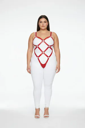 Red vegan leather full body harness with diamond strap pattern and O-ring details