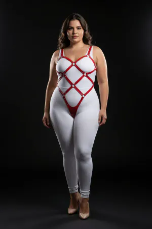 Red vegan leather full body harness with diamond strap pattern and O-ring details
