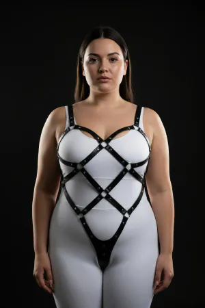Black Faux Leather Full Body Harness Women Crisscross Straps Detachable Chain