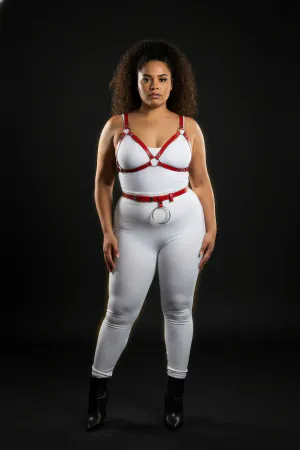 Red Vegan Leather Chest Harness and Waist Belt Set with Silver O-Rings on model