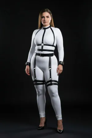 Black Faux Leather Full Body Harness Set with Thigh Garters and Wrist Cuffs