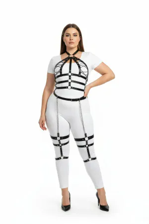 Black Faux Leather Full Body Harness Plus Size with Caged Chest and Thigh Chains