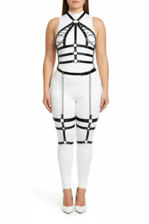 Black Faux Leather Full Body Harness Plus Size with Caged Chest and Thigh Chains