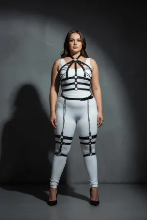Black Faux Leather Full Body Harness Plus Size with Caged Chest and Thigh Chains