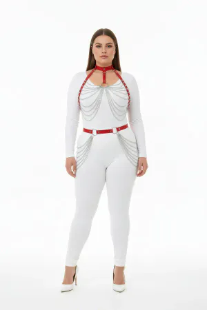 Red Faux Leather Body Harness Draped Chains Plus Size Model
