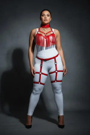 Red Faux Leather Fringe Harness Bra and Garter Set Front View
