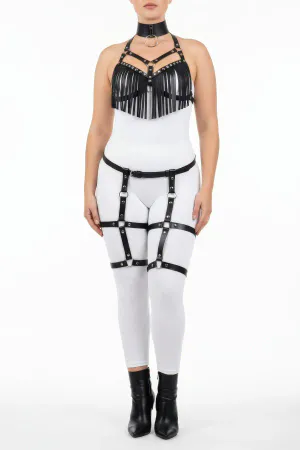 Black Fringed Faux Leather Harness Set with Garter Straps Front View