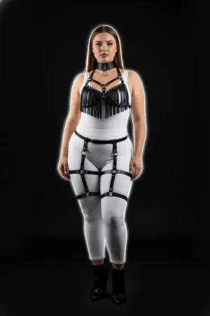Black Fringed Faux Leather Harness Set with Garter Straps Front View
