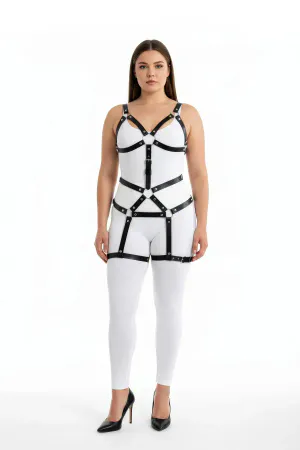Black faux leather plus size body harness with O-ring detail and adjustable straps