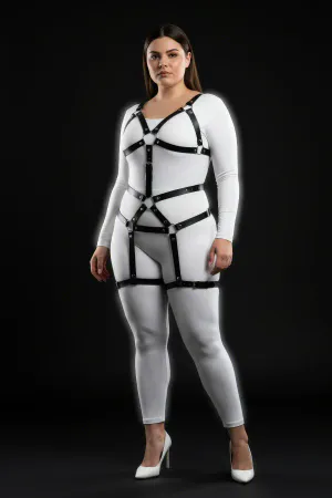 Black faux leather plus size body harness with O-ring detail and adjustable straps