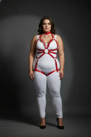 Red faux leather full body harness with O-ring and adjustable straps