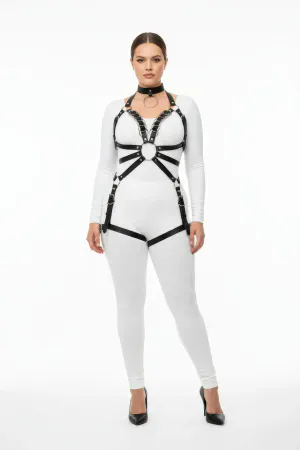 Black faux leather full body harness with O-ring and choker