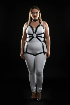 Black faux leather full body harness with O-ring and choker