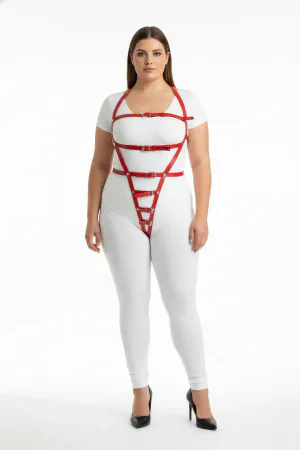 Red Faux Leather Body Harness Women Adjustable Straps Geometric Cage Design