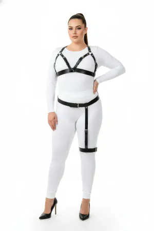 Black Faux Leather Harness Bra and Thigh Garter Set, Plus Size Model