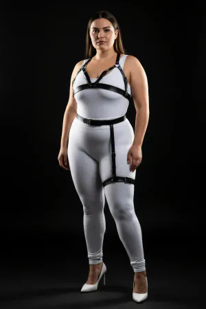 Black Faux Leather Harness Bra and Thigh Garter Set, Plus Size Model