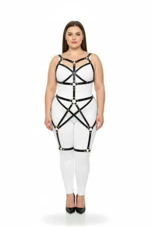 Black faux leather full body harness with strappy cage design on model