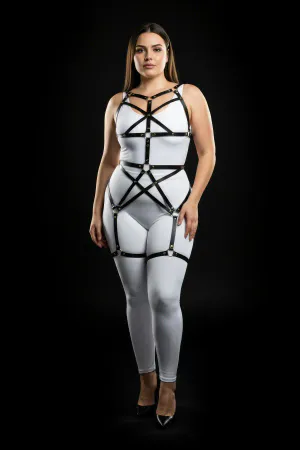 Black faux leather full body harness with strappy cage design on model