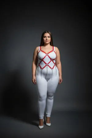 Red Caged Chest Harness Plus Size Vegan Leather with Detachable Silver Chains