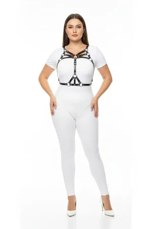 Black Faux Leather Strappy Body Harness with O-Ring Details
