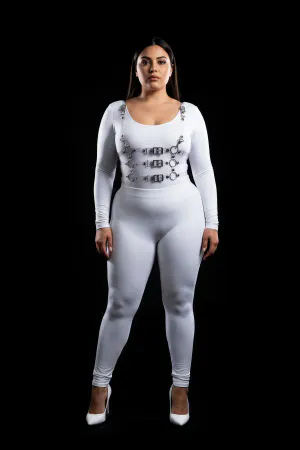 White Vegan Leather Body Harness Women with Silver Buckles and O-Rings