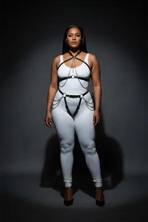 Black Faux Leather Full Body Harness with Chain Accents Adjustable Straps