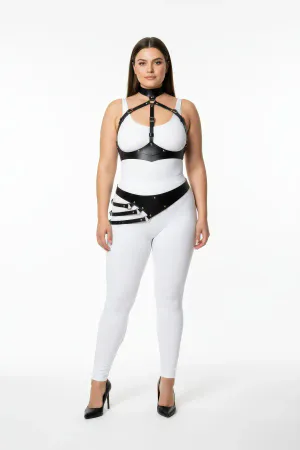 Black Faux Leather Full Body Harness with Diagonal Waist Belt and Studs