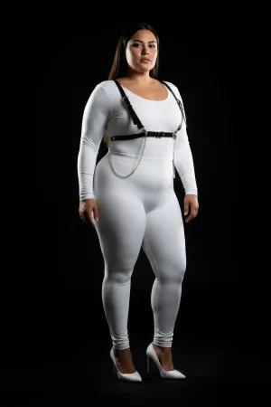 Black Faux Leather Chest Harness with Detachable Silver Chain on Plus Size Model