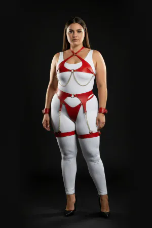 Red Faux Leather Harness Set for Women with Gold Chains & Garter Straps