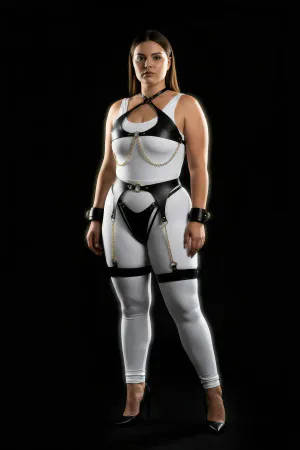 Plus Size Black Faux Leather Chain Harness Set with Garters