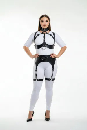 Black Faux Leather Full Body Harness with Garter Belt and Thigh Straps Plus Size