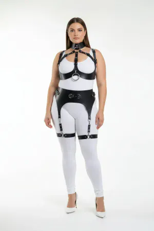 Black Faux Leather Full Body Harness with Garter Belt and Thigh Straps Plus Size