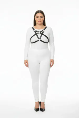 Black vegan leather chest harness with O-ring detail worn by a plus-size model