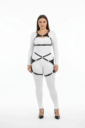 Black Faux Leather Full Body Harness Women O-Ring Details Adjustable Straps