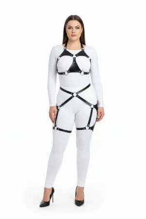Black Faux Leather Full Body Harness for Women with Silver O-Rings