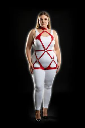 Red Faux Leather Full Body Harness with O-Ring Details and Choker
