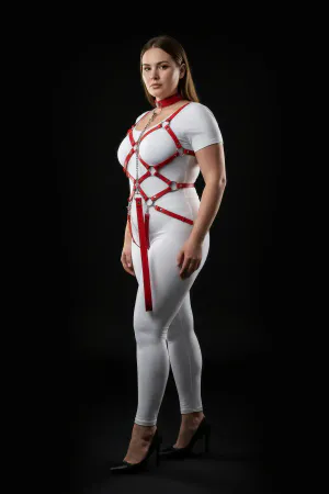 Red Faux Leather Body Harness with Silver Chains and O-Rings, Front View