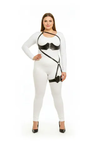 Black Faux Leather Plus Size Corset Body Harness with Thigh Strap