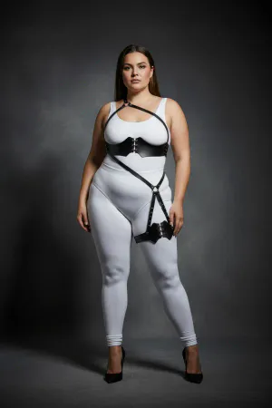 Black Faux Leather Plus Size Corset Body Harness with Thigh Strap