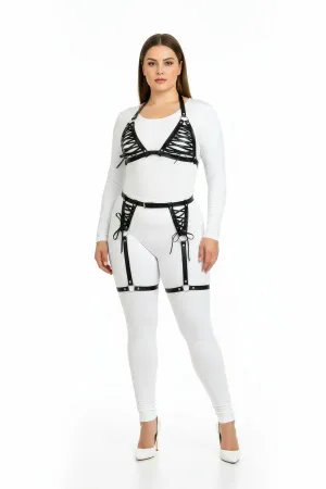 Black Lace-Up Faux Leather Body Harness Set Plus Size