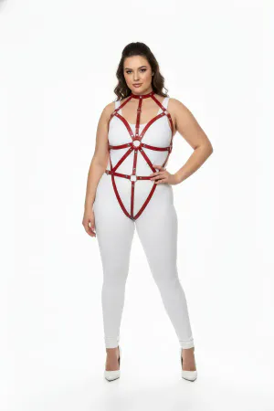 Red Vegan Leather Strappy Body Harness with O-Ring Detail
