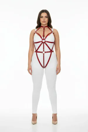 Red Vegan Leather Strappy Body Harness with O-Ring Detail