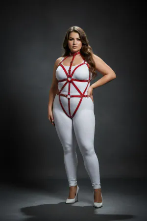 Red Vegan Leather Strappy Body Harness with O-Ring Detail