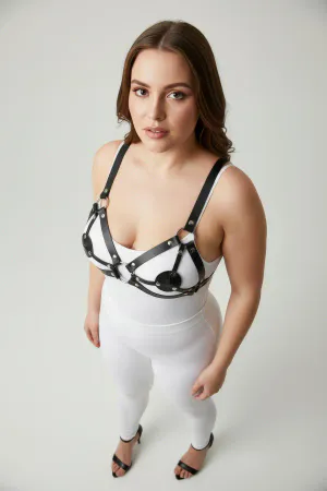 Black Faux Leather Strappy Bra Harness with O-Ring Detail