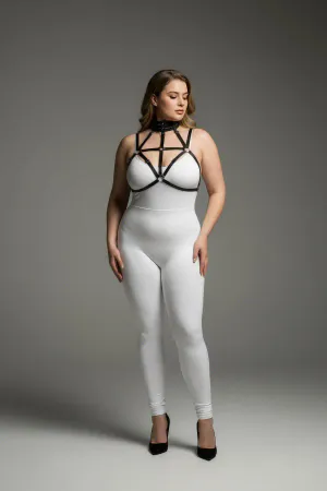 Black vegan leather strappy body harness with integrated choker neck detail