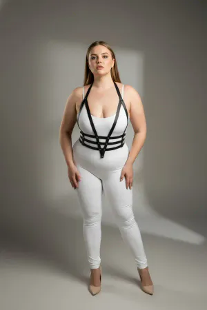 Black vegan leather V-strap body harness on model